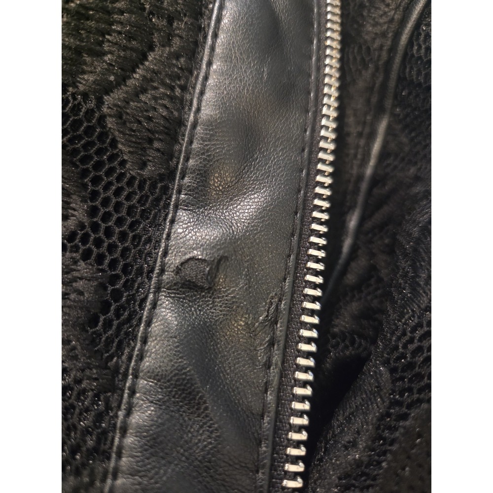 Bebe Black Barquard Fit and Flare Coat Faux Leather Trim Lace XS Asymmetric Zip - Picture 9 of 9